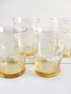 Antique Macbeth Evens Yellow Grapevine Etched Juice Glasses Set of 4